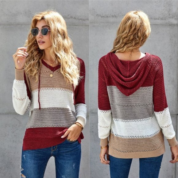 Tops - COLOR BLOCK KNIT HOODIE